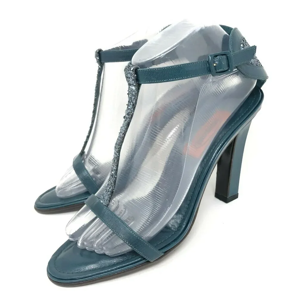 Missoni‎ Heels Women's 8.5 / 38.5 Glittler Heart Pump Teal Green Leather T-Strap